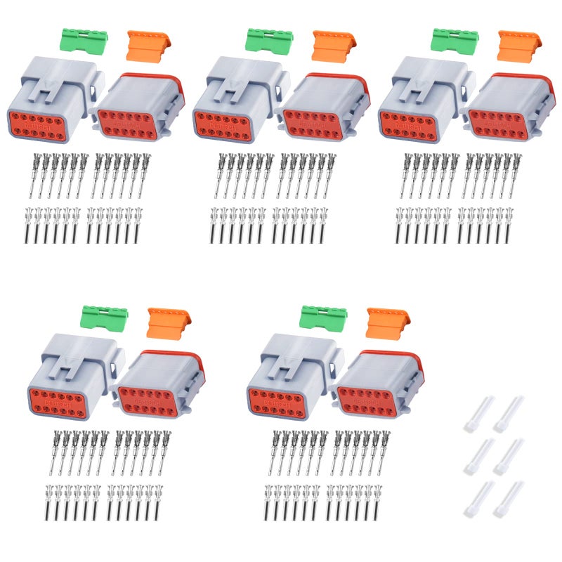 Deutsch DT Grey 12 Pin Connectors 5 Sets Waterproof Electrical Wire Connector with Stamped Contacts and Seal Plug for Truck OffRoad Vehicles Construction Agriculture Marine Motorcycle Wiring